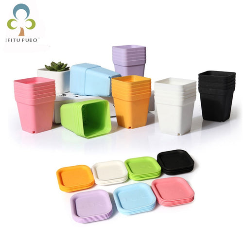 10pcs Mini Square Plastic Plant Flower Pot Home Office Decor Planter Colorful With Pots Trays Green Plant Artificial WYQ