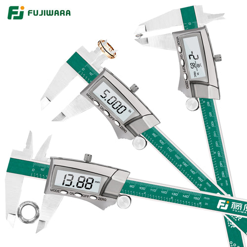 FUJIWARA Digital Display Stainless Steel Caliper 0-150mm 1/64 Fraction/MM/Inch LCD Electronic Vernier Caliper IP54 Waterproof