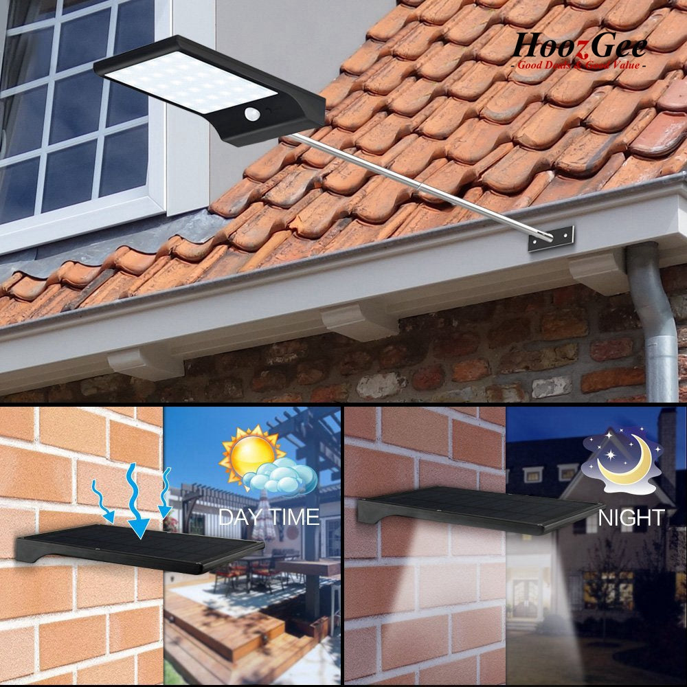 HoozGee Outdoor Wall Lamp Solar Street Light PIR Motion Sensor Lighting 450LM 36 LED Security Pathway Lights with Stick
